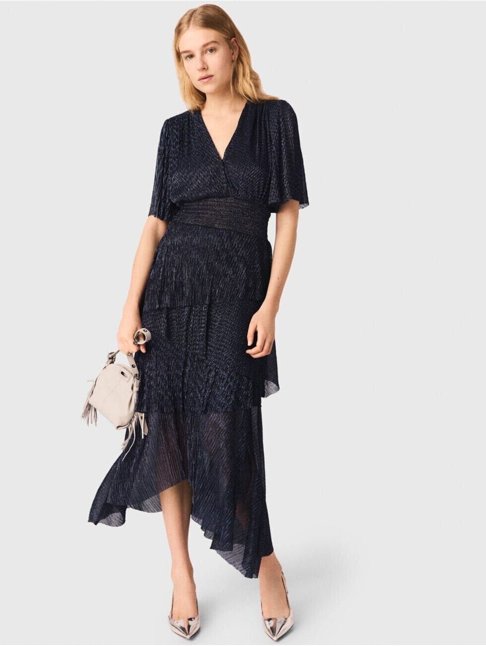 Maje Metallic Ruffled Midi Dress Navy Silver Lurex Wrap Smocked Waist 38 M NWT
